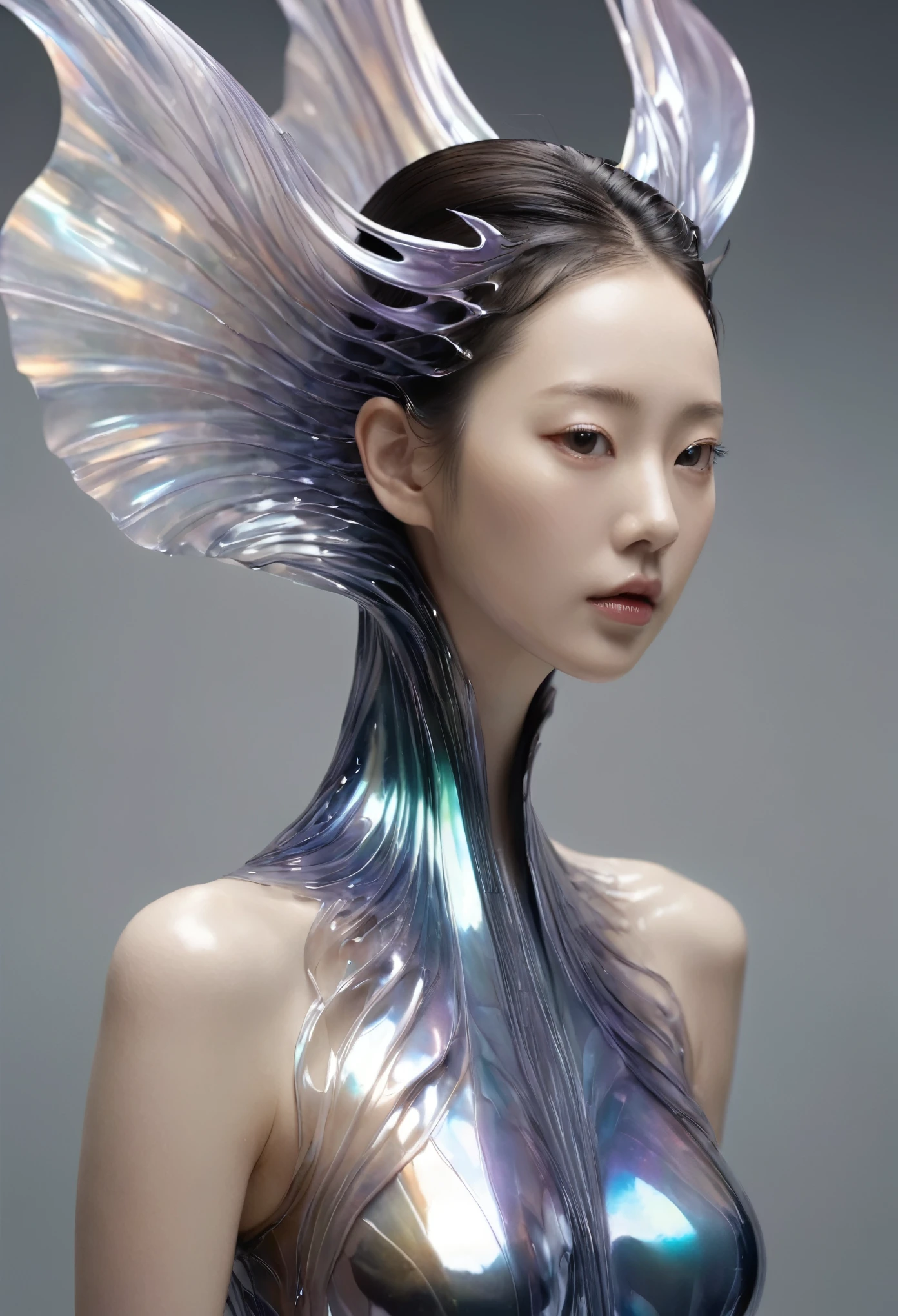 Aisian beautiful girl from underwater, iris van Herpen, sleek, fins, gills, darkness, iridescent, full length view，Xill，Anatomically correct