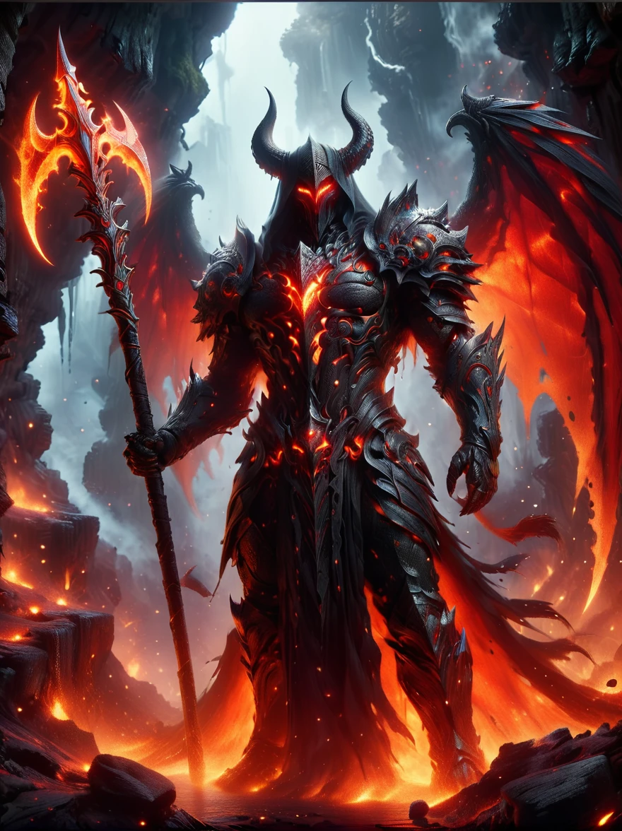 A figure that personifies evil, traditionally referred to as Lucifer, reigning confidently in an infernal landscape. He is surrounded by a host of monstrous creatures that are his legion. Fiery cliffs and molten rivers paint the background, while tormented souls populate the gloomy foreground. The awe-inducing grandeur of this hellish kingdom is something reminiscent of a nightmarish epic.