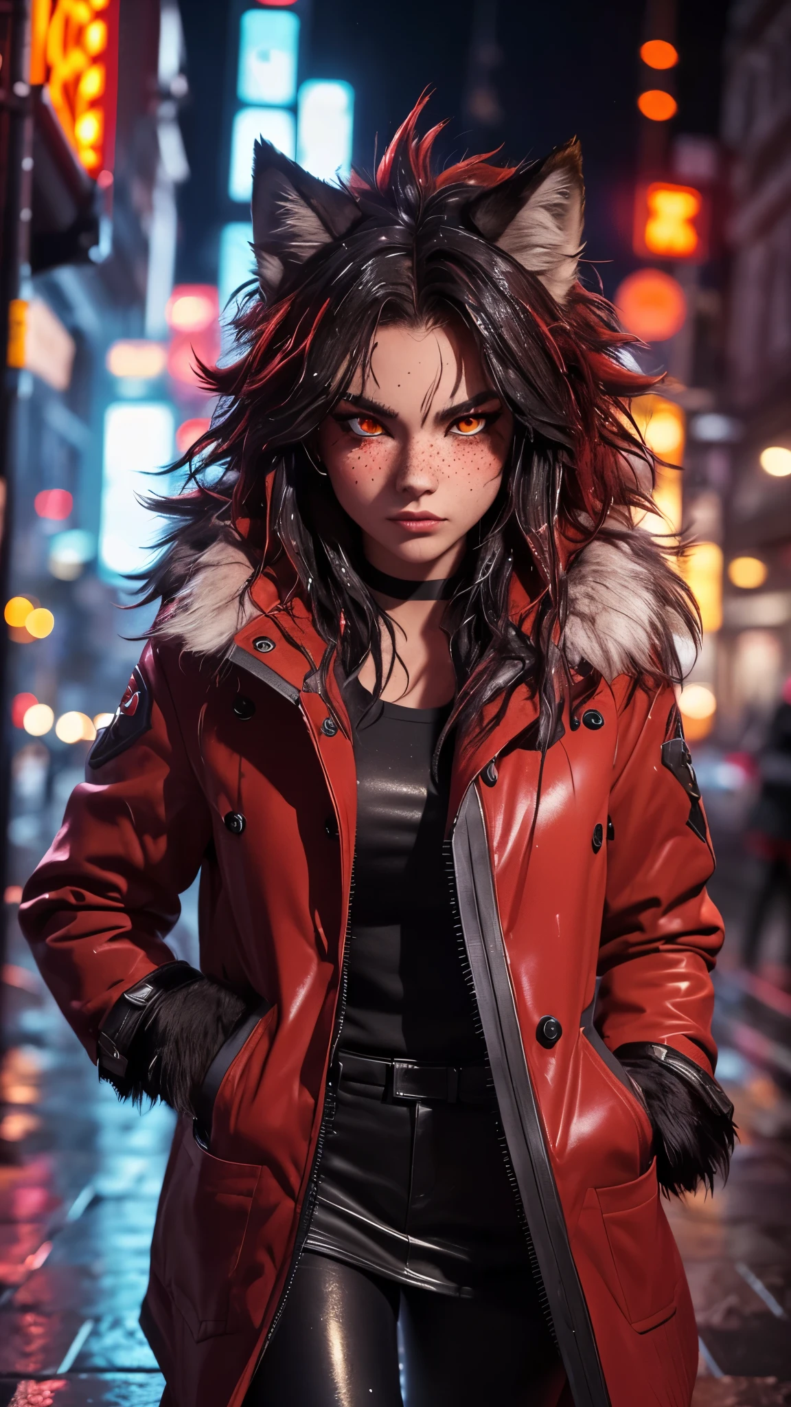 (better detailing, high quality), furry wolf, walking through the city, (night, bright lights, urban environment), (dynamic framing, fierce expression, messy hair), (bright red eyes, detailed coat), (colorful spots, wet streets), (focal point on the wolf's head), (bright focus on the eyes).