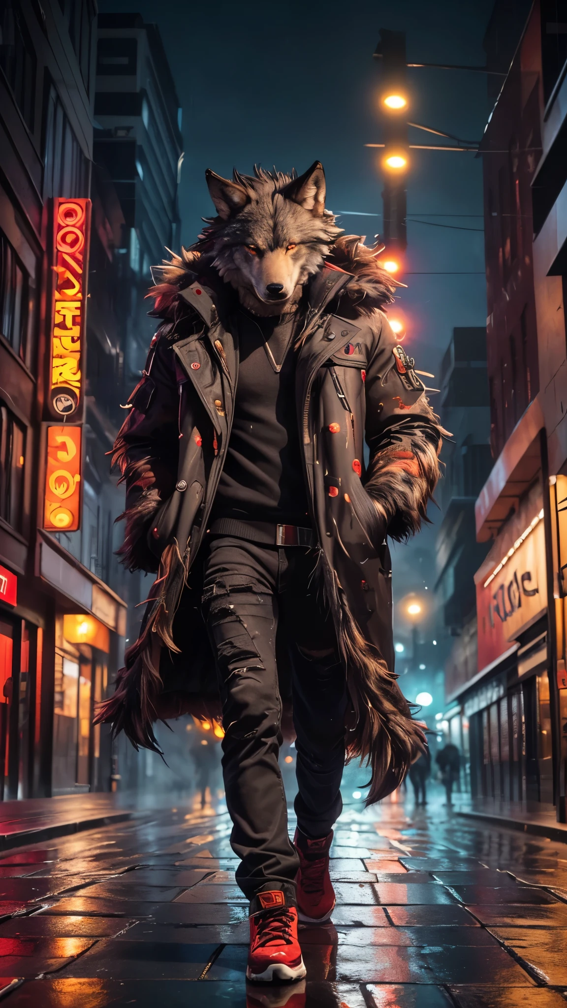 (better detailing, high quality), furry wolf, walking through the city, (night, bright lights, urban environment), (dynamic framing, fierce expression, messy hair), (bright red eyes, detailed coat), (colorful spots, wet streets), (focal point on the wolf's head), (bright focus on the eyes).