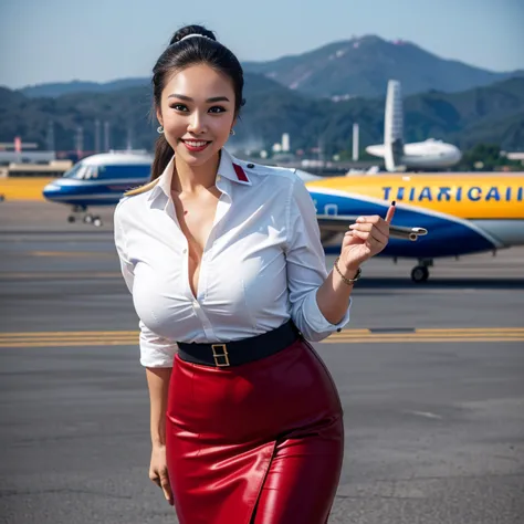(Thai woman),(highponytail),(forehead),(Flight attendant uniforms:1.5),(short skirt),(enormous breasts:1.6),(slim waist:1.3),(Ro...
