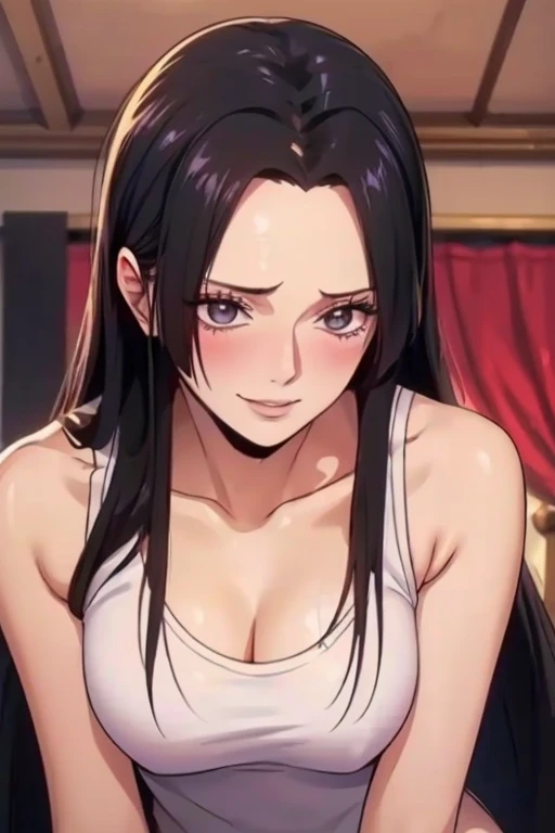 best quality, masterpiece, highly detailed,1girl, Boa Hancock, , (masterpiece:1.5), Detailed Photo, Smiling, Sexy, (8K, Best Quality: 1.4), (1girl), Beautiful Face, (anime realistic Face), (Black Hair, long Hair: 1.3), Beautiful Hairstyle, Realistic eyes, beautiful detail eyes, (white skin), beautiful skin, absurd, attractive, ultra high resolution, ultra realistic, high definition, golden ratio, (sexually aroused:1.5), Pinkish white skin, cool white light, sexy pose, Beautiful , white background, pink soft white light, Wear a white tank top