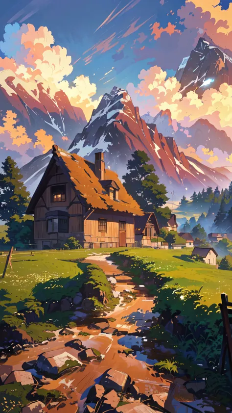 painting of a rural scene with a house and a mountain, anime countryside landscape, by Franz Hegi, detailed painting 4 k, 4k highly detailed digital art, silvain sarrailh, 8k high quality detailed art, detailed scenery —width 672, andreas rocha style, beau...