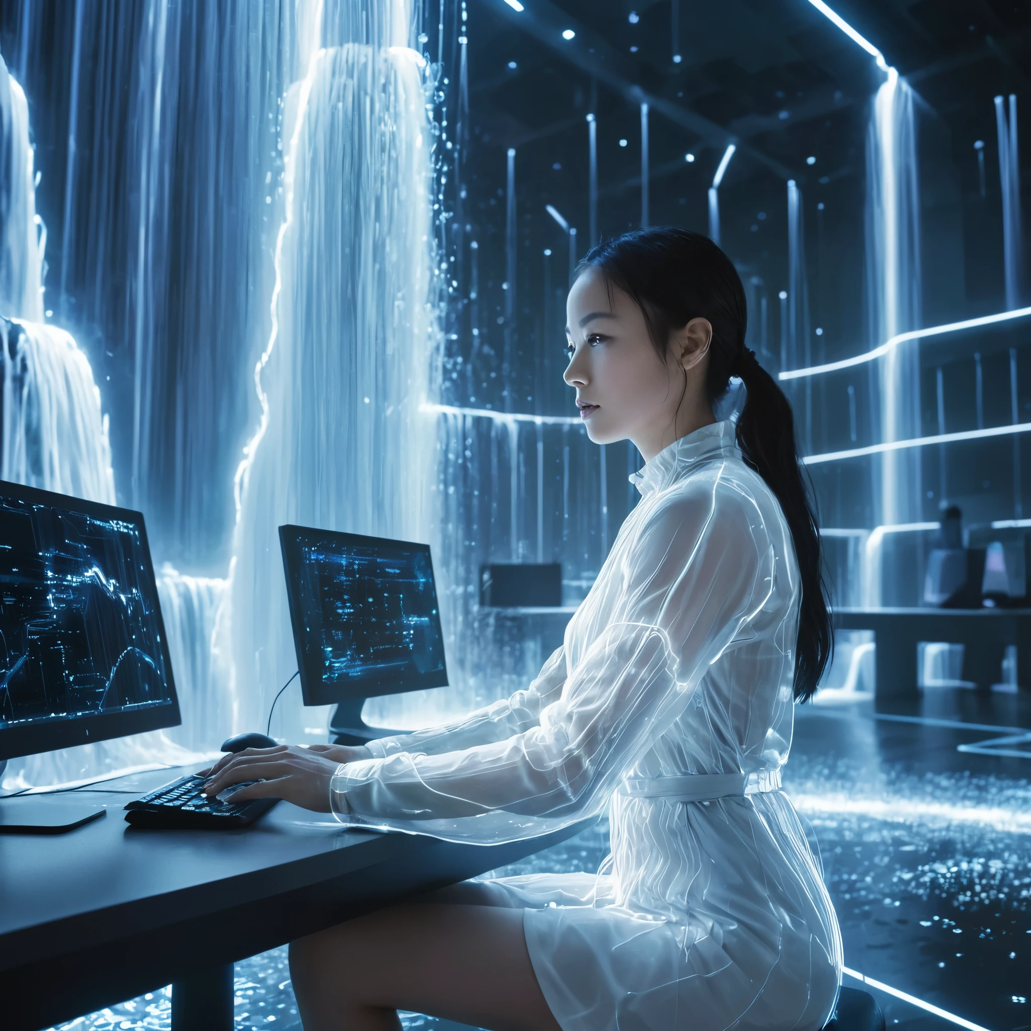 A scene depicting a girl seated at a desk, with digital code cascading around her like a waterfall. The background slowly transitions from a typical room to a futuristic, cybernetic space. Created Using: digital transition effects, mixed reality theme, glowing code, futuristic cybernetics, realistic to digital environment morphing, high-resolution visuals, dynamic composition, widescreen perspective，side view，close-up:2，Anatomically correct：2