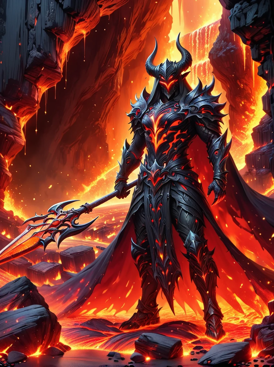 A figure that personifies evil, traditionally referred to as Lucifer, reigning confidently in an infernal landscape. He is surrounded by a host of monstrous creatures that are his legion. Fiery cliffs and molten rivers paint the background, while tormented souls populate the gloomy foreground. The awe-inducing grandeur of this hellish kingdom is something reminiscent of a nightmarish epic.