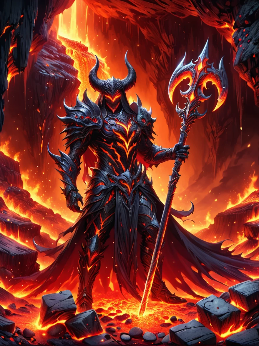 A figure that personifies evil, traditionally referred to as Lucifer, reigning confidently in an infernal landscape. He is surrounded by a host of monstrous creatures that are his legion. Fiery cliffs and molten rivers paint the background, while tormented souls populate the gloomy foreground. The awe-inducing grandeur of this hellish kingdom is something reminiscent of a nightmarish epic.