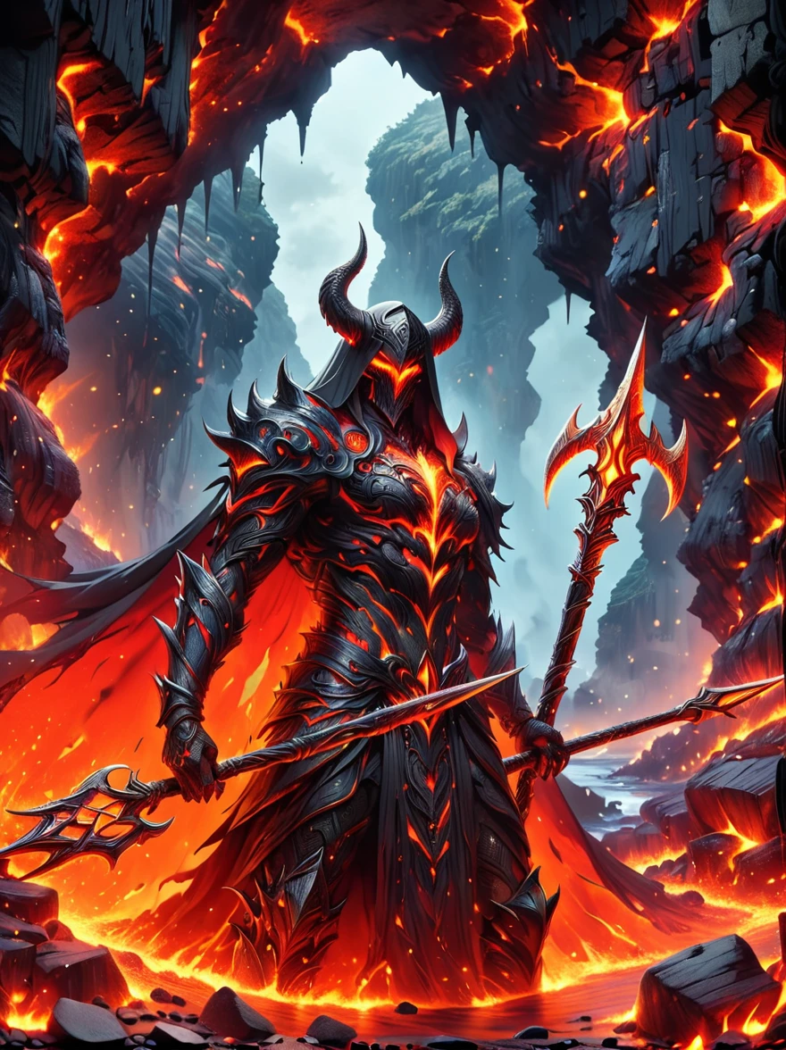 (1 demon with lava skin:1.5)，Deep red，With menacing horns and glowing eyes，Standing proudly，(The claws tightly grasped a gleaming sharp trident:1.5)，It has a large amount of gold coins and precious gems，To symbolize its wealth，On the surrounding ground，(Full of various currencies，Jewelry，treasure:1.6)，Exudes an alluring glow，This eerie scene is set against a dark and ominous backdrop of a lava cave.，Creating a disturbing yet mesmerizing effect