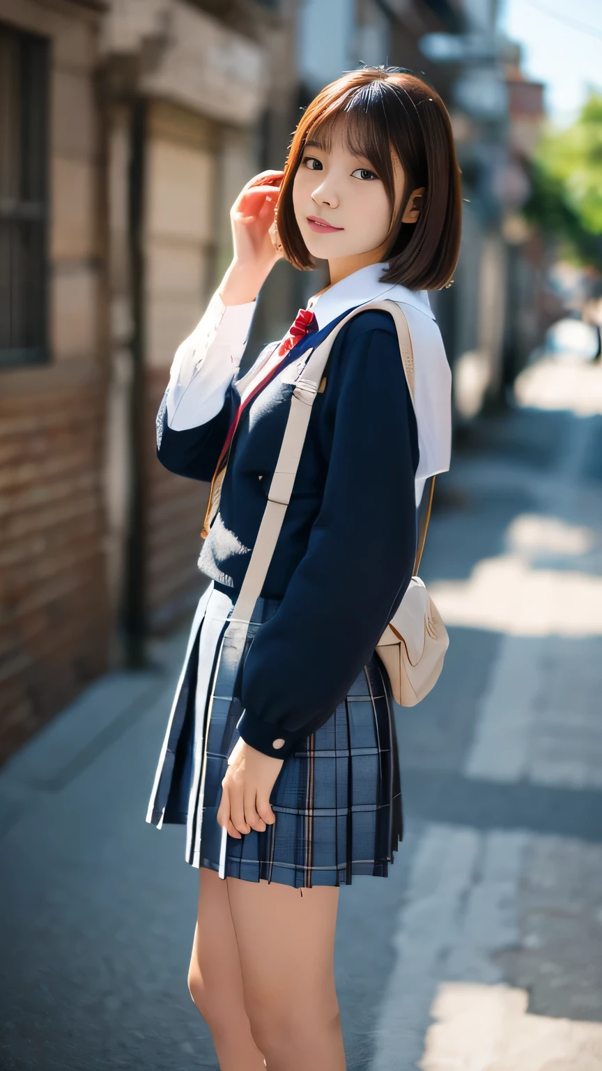 Ein Mädchen namens Kasumi, Full body, Stehen, kurzes Haar, braune Haare, 23Jahrealt, Slender, Wangenwölbung, subjektive Perspektive, SoFt Flare, F/1.8, 135mm, FujiFilm, UHD, Retina, Meisterwerk, genau, Anatomisch korrekt, strukturierte Haut, super detail, hohe Details, gute Qualität, beste Qualität, highres, 1080p, HD, 4K, 8k, Schulkleidung