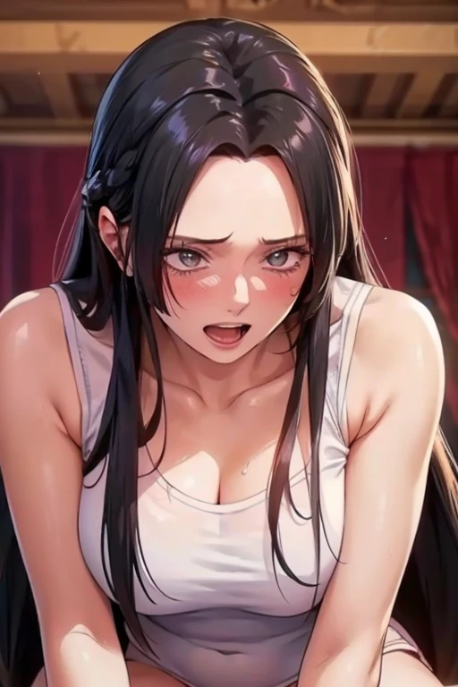 best quality, masterpiece, highly detailed,1girl, Boa Hancock, , (masterpiece:1.5), Detailed Photo, Smiling, Sexy, (8K, Best Quality: 1.4), (1girl), Beautiful Face, (anime realistic Face), (Black Hair, long Hair: 1.3), Beautiful Hairstyle, Realistic eyes, beautiful detail eyes, (white skin), beautiful skin, absurd, attractive, ultra high resolution, ultra realistic, high definition, golden ratio, (sexually aroused:1.5), Pinkish white skin, cool white light, sexy pose, Beautiful , white background, pink soft white light, Wear a white tank top