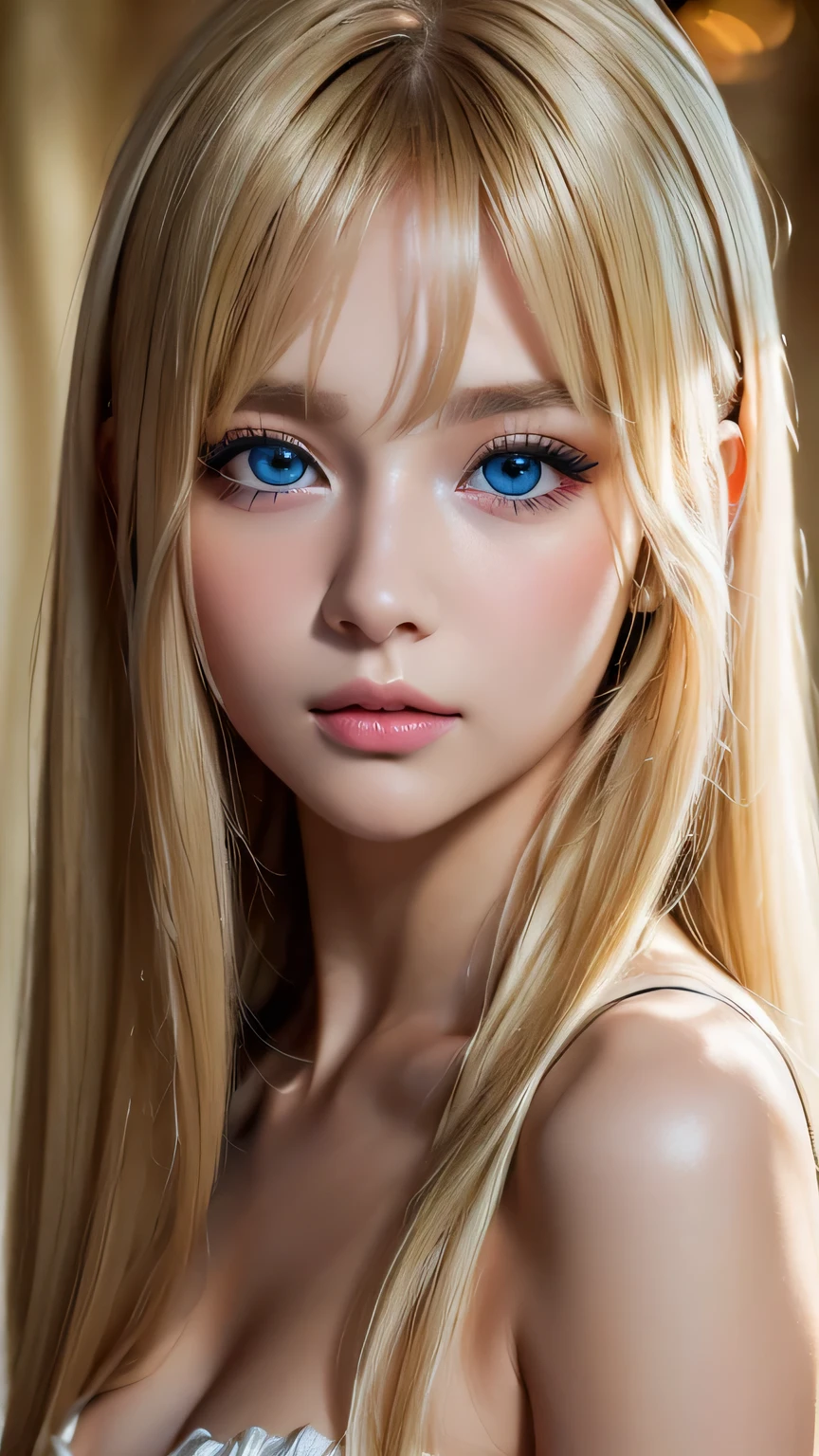 RAW Photos、(((Extreme beauty portrait)))、((Glowing White Skin))、1 girl、Beautiful girl from Prague、Cute 16 year old blonde girl、((Super long shiny bright blonde hair))、[Vivid bright blue eyes]、Very big eyes、Silky fine hair、Very long straight super long hair、eyeliner、bangs over eyes、bangs on the face、Blonde between the eyes、Fluttering blonde hair、((masterpiece、最high quality、Very detailed、Film Light、Intricate details、High resolution、8K、Very detailed))、Detailed Background、8K uhd、Digital SLR、Soft Light、high quality、Film Grain、Fujifilm XT3 、Shallow depth of field、Natural light、（Perfect hands）、Perfect beautiful face、