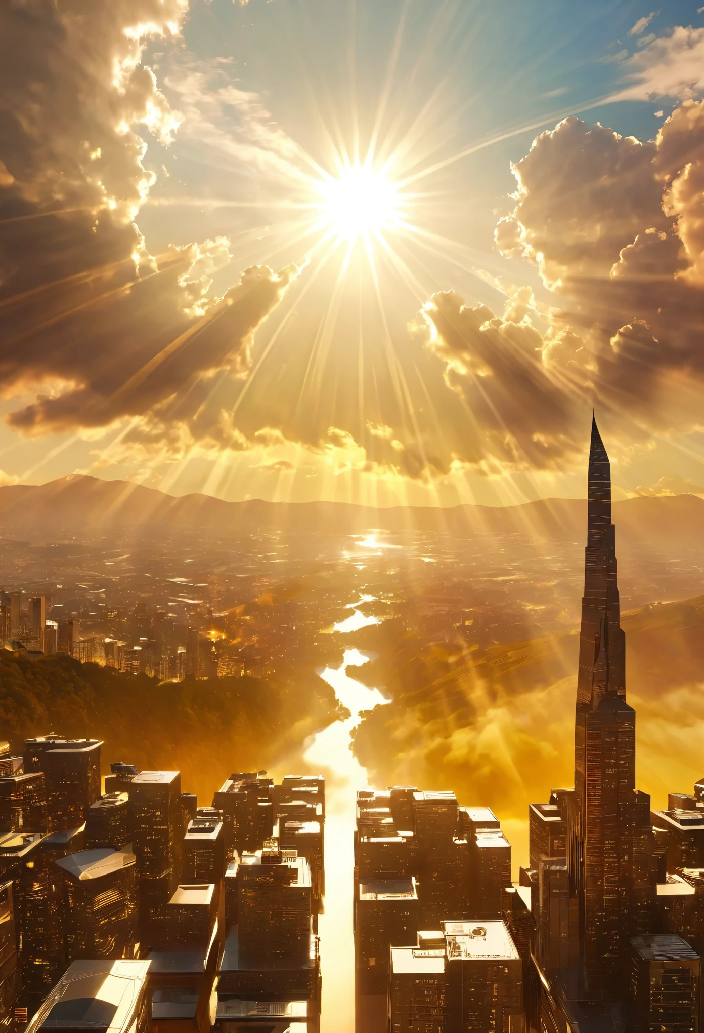 Surreal digital artwork of a mystical cityscape ascending towards the sky, with clouds parting to reveal a radiant sun, on Ascension Day，golden sunlight