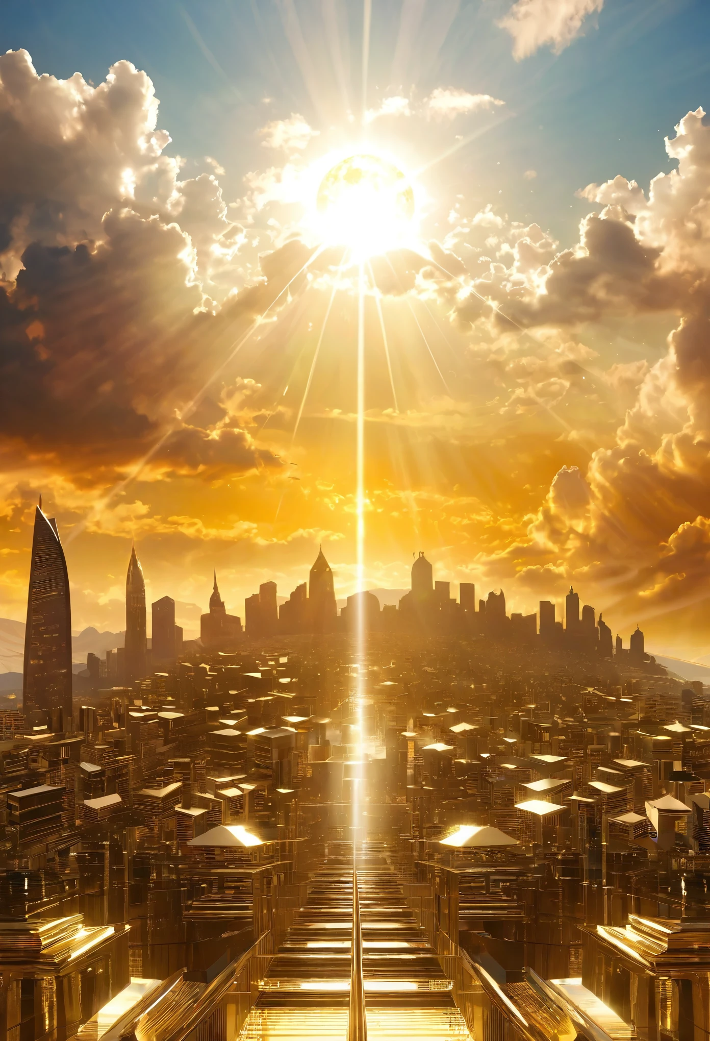 Arte digital surreal de uma paisagem urbana mística subindo em direção ao céu, com nuvens se abrindo para revelar um sol radiante, no Dia da Ascensão，luz solar dourada