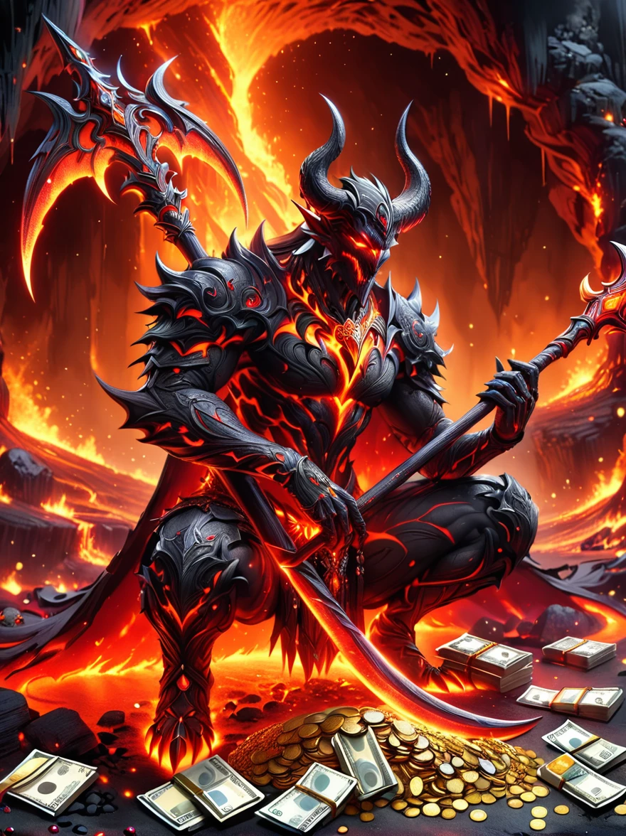 (1 demon whose body is made of lava:1.5)，Deep red，With menacing horns and glowing eyes，(Half squatting on the ground:1.5)，(The claws tightly grasped a gleaming sharp trident)，(It has a large amount of gold coins and precious gems)，To symbolize its wealth，On the surrounding ground，(Filled with all kinds of currency, jewels and treasures:1.9)，Exudes an alluring glow，This eerie scene is set against a dark and ominous backdrop of a lava cave.，Creating a disturbing yet mesmerizing effect