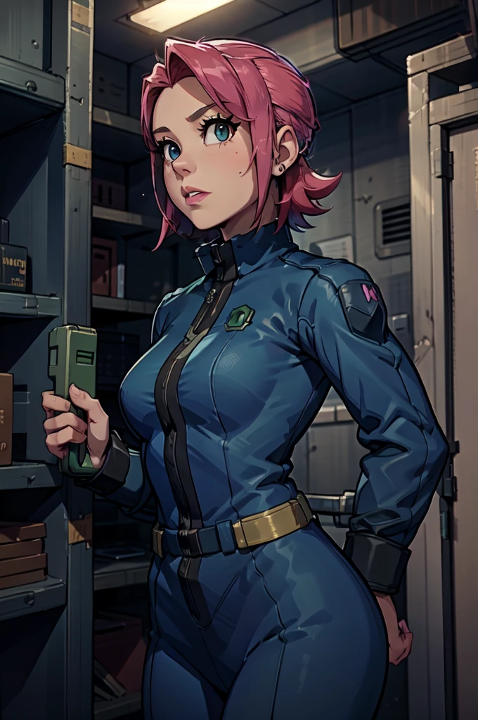 Mayl Sakurai reimagined as a vault dweller, doing maintenance in an underground vault. Her vibrant pink hair stands out against the dimly lit environment. She is a 26-year-old woman dressed in a vault dweller jumpsuit, indicative of her role in the post-apocalyptic world. The jumpsuit is worn but still functional, reflecting the harsh conditions of life underground. Her face is beautifully detailed, with expressive eyes that convey determination and intelligence. Her lips are also well-defined, adding to her overall allure.

In the vault, Mayl Sakurai is seen operating a pipboy, a wrist-worn device that serves as an essential tool and information hub for survival in the vault. The pipboy's screen emits a soft glow, illuminating Mayl's face and casting a subtle green hue on the surroundings. The details on the pipboy, from its buttons to its display, are extremely detailed, showcasing its futuristic design.

The underground vault is filled with mechanical equipment and pipes, emphasizing the importance of maintenance in this post-apocalyptic world. The atmosphere is gritty and industrial, with a hint of mystery and danger. The lighting is dim and has a hint of blue tones, enhancing the underground ambiance.

Despite the grim surroundings, Mayl Sakurai exudes confidence and strength as she jumps into action, ready to fulfill her duties as a vault dweller. Her posture and expression suggest that she is prepared to face any challenge that comes her way.

The image quality should be at its best, with 4K resolution and ultra-detailed rendering, capturing every intricate detail of the scene. The colors should be vivid, emphasizing the contrast between Mayl's vibrant pink hair and the dimly lit environment. The overall style should lean towards a post-apocalyptic concept art aesthetic, blending realism with a touch of fantasy.

In summary, the Stable Diffusion prompt for the provided theme would be:
Mayl Sakurai reimagined as a vault dweller, doing maintenance in an undergr