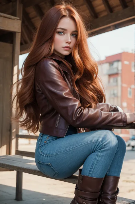 Editorial Photography 1980's style, a gorgeous serbian girl with long ginger hair. Burgundy leather jacket, sweater, skinny deni...