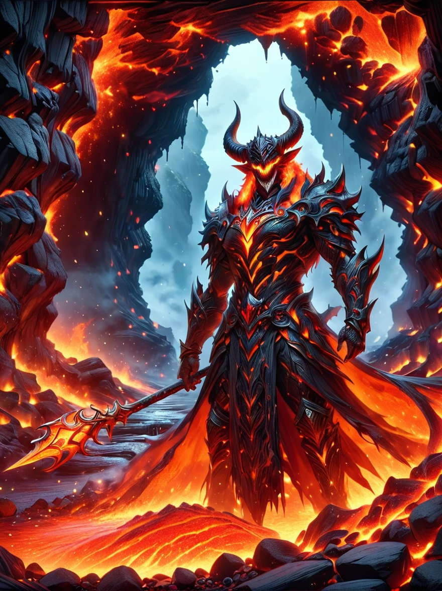 A figure that personifies evil, traditionally referred to as Lucifer, reigning confidently in an infernal landscape. He is surrounded by a host of monstrous creatures that are his legion. Fiery cliffs and molten rivers paint the background, while tormented souls populate the gloomy foreground. The awe-inducing grandeur of this hellish kingdom is something reminiscent of a nightmarish epic.