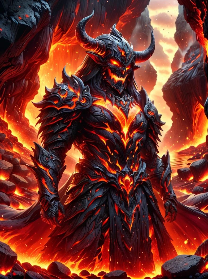 A figure that personifies evil, traditionally referred to as Lucifer, reigning confidently in an infernal landscape. He is surrounded by a host of monstrous creatures that are his legion. Fiery cliffs and molten rivers paint the background, while tormented souls populate the gloomy foreground. The awe-inducing grandeur of this hellish kingdom is something reminiscent of a nightmarish epic.