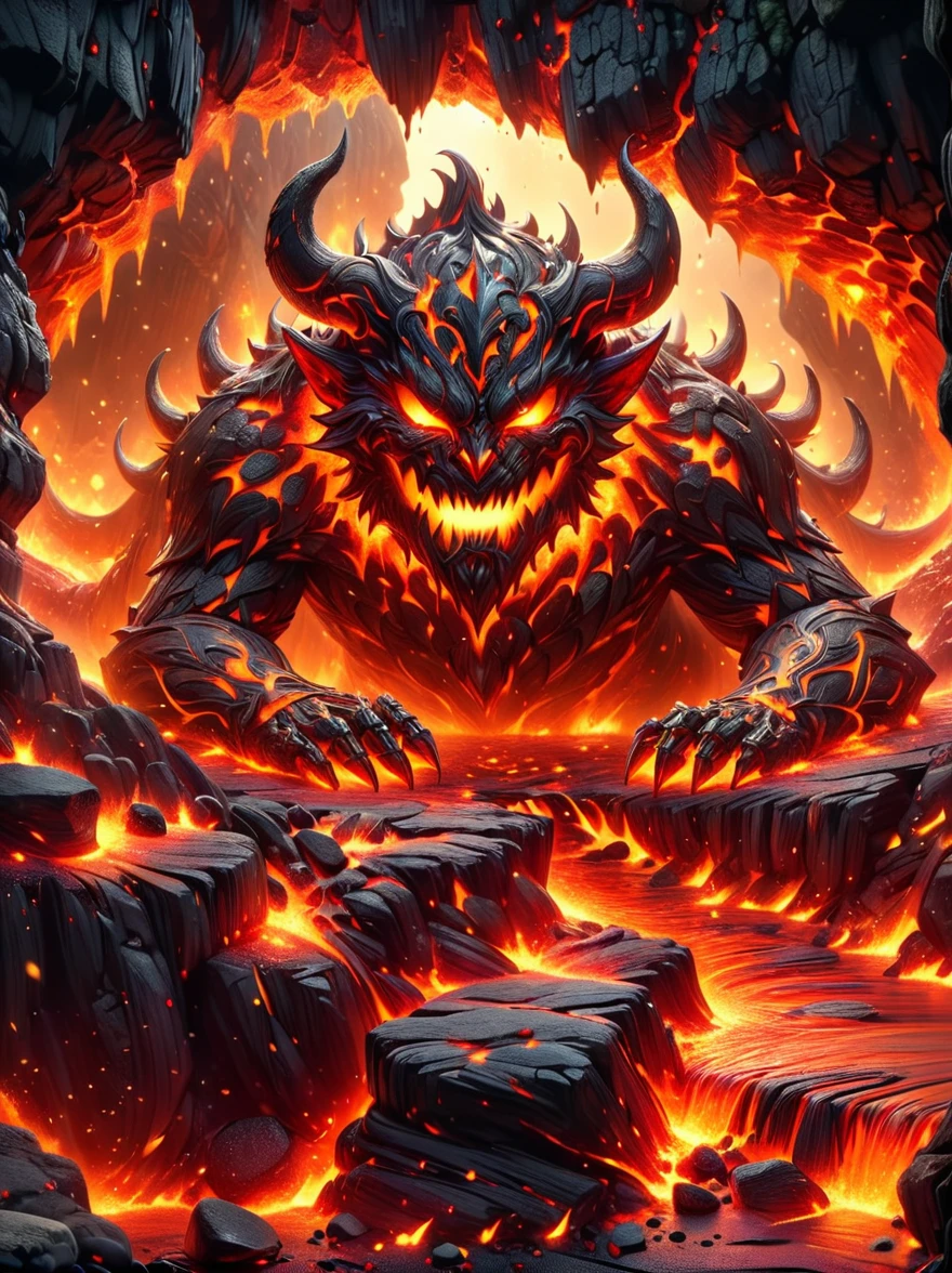 A figure that personifies evil, traditionally referred to as Lucifer, reigning confidently in an infernal landscape. He is surrounded by a host of monstrous creatures that are his legion. Fiery cliffs and molten rivers paint the background, while tormented souls populate the gloomy foreground. The awe-inducing grandeur of this hellish kingdom is something reminiscent of a nightmarish epic.