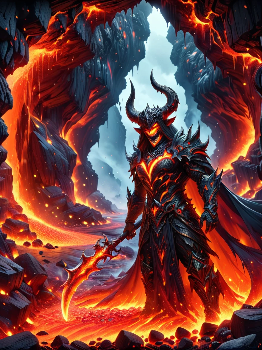 1 demon with a body made of lava，Extremely detailed face and eyes，Burning lava texture，Glowing orange highlights，Black horn，Sharp Teeth，Devilish expression，On the surrounding ground，(Filled with lots of gold coins and precious gems:1.5)，Exudes an alluring glow，This eerie scene is set against a dark and ominous backdrop of a lava cave.，Creates a disturbing yet mesmerizing effect with dramatic lighting，Movie atmosphere，Ultra Detailed，(Best quality，8k，high resolution，masterpiece)，Ultra Detailed，(1.4 times more realism)，HDR，Vibrant colors，Studio Lighting