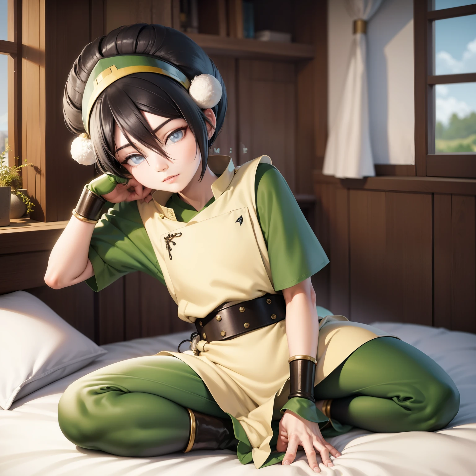 Toph beifong , camisa blanca, falda negra, en la cama, de frente, vista trasera, pose de perrito, Pelo azul de cola doble, Ecchi,