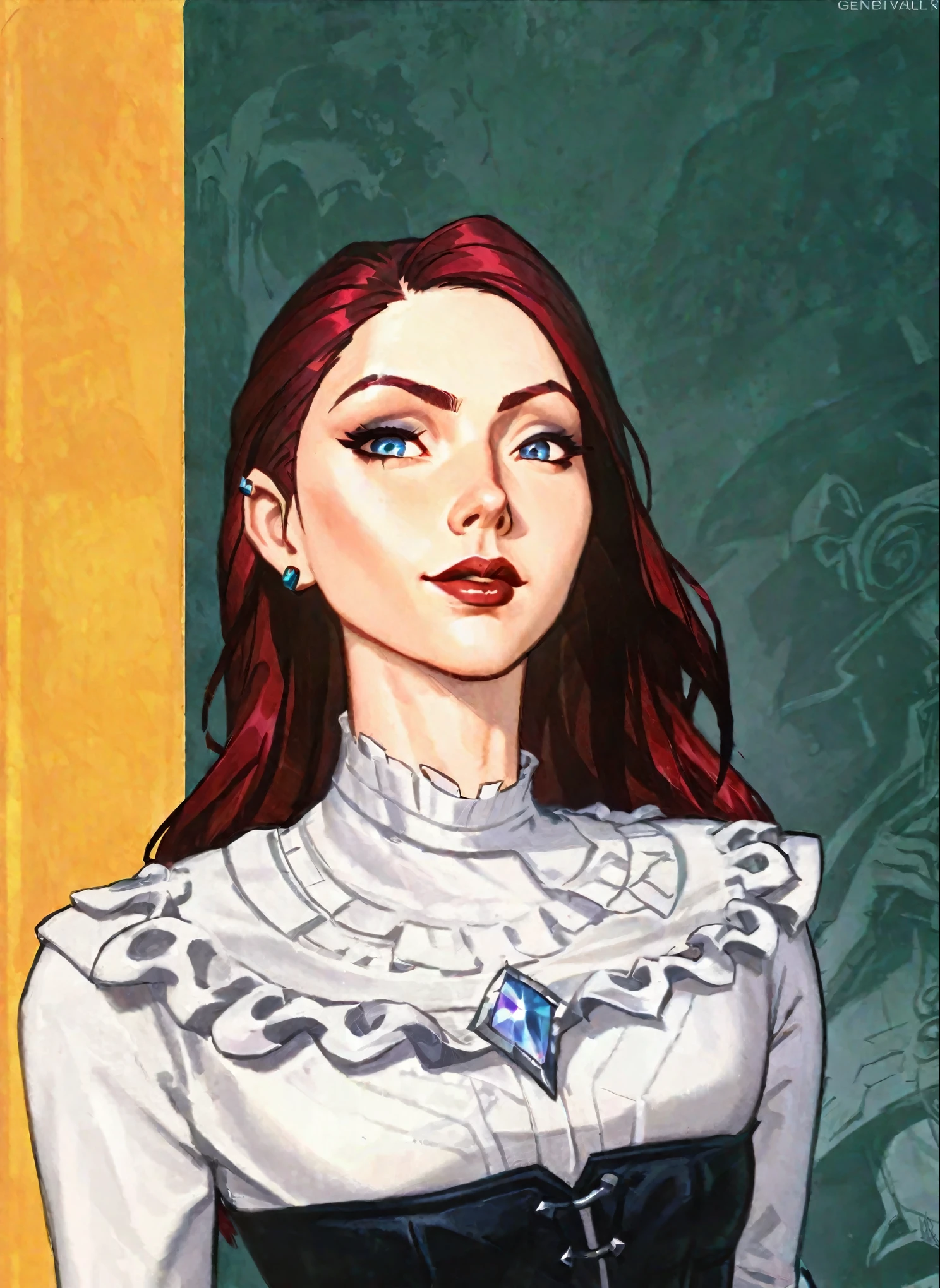 better aesthetics, lolsplashart, katarina, looking at the viewer, wearing a white dress, Flat painted style, Illustration by Genrih Valk