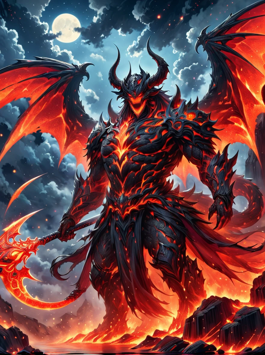 A figure that personifies evil, traditionally referred to as Lucifer, reigning confidently in an infernal landscape. He is surrounded by a host of monstrous creatures that are his legion. Fiery cliffs and molten rivers paint the background, while tormented souls populate the gloomy foreground. The awe-inducing grandeur of this hellish kingdom is something reminiscent of a nightmarish epic.