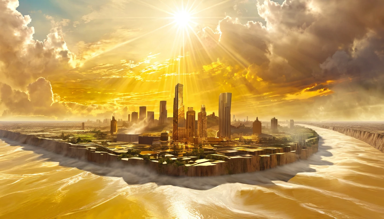 Arte digital surreal de uma misteriosa paisagem urbana tecnológica subindo para o céu, As nuvens se dispersaram，O Sol Brilhante, Dia de Jesus，sol dourado，O Rio Amarelo corre no chão，obra de arte