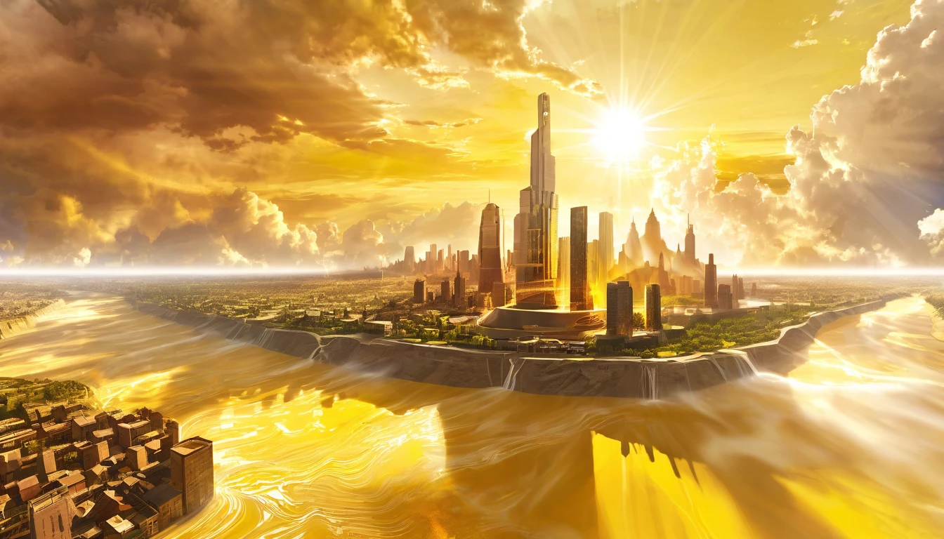 Obra de arte digital surrealista de un misterioso paisaje urbano tecnológico que se eleva hacia el cielo, Las nubes se dispersaron，El sol brillante, dia de jesus，Sol dorado，El río Amarillo fluye por el suelo.，obra maestra