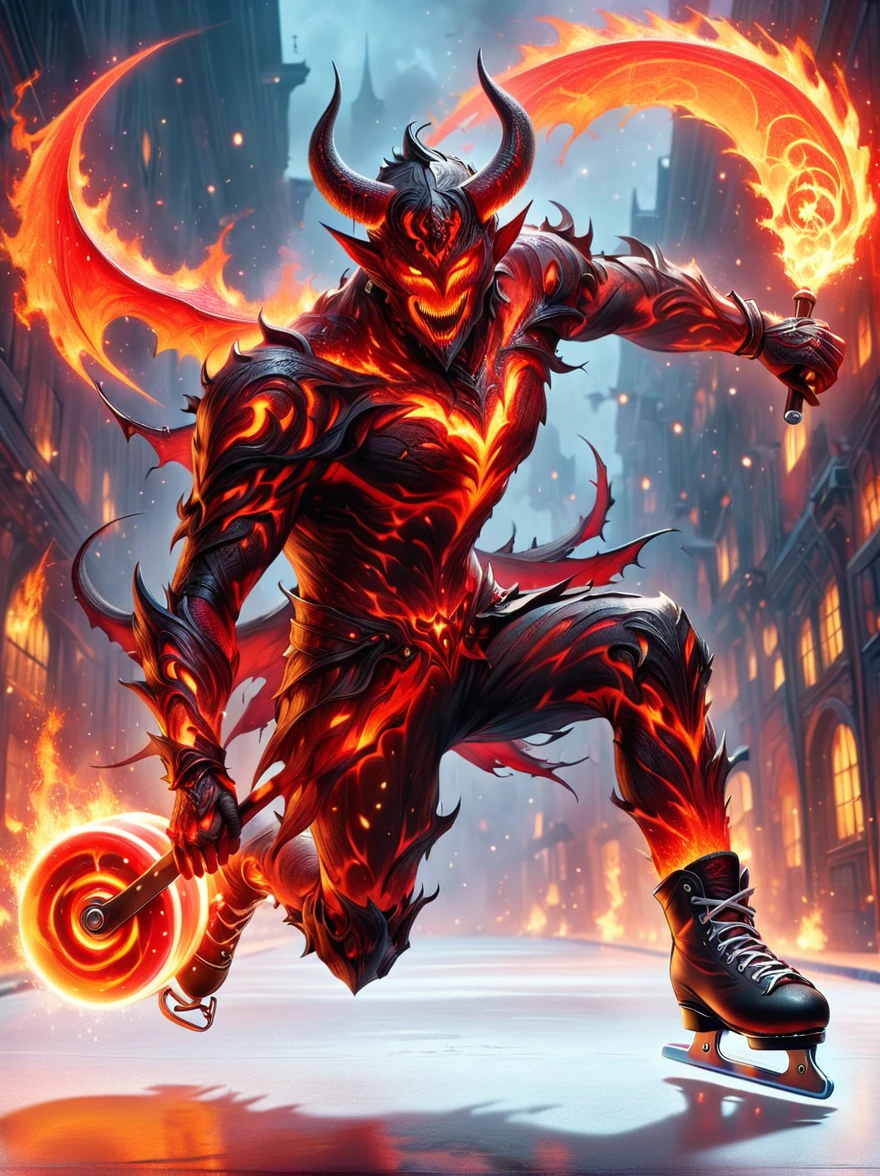 (1 demon whose body is made of lava:1.5)，The lava demon figure skates skillfully on skates，The fiery red eyes sparkle with mischief，Casts eerie shadows in dimly lit environments，The demon has ferocious horns and crimson lava-covered skin.，Showing unexpected grace while skating，Swirling tendrils of smoke leave behind them，Adding an element of speed and movement to this surreal scene，The atmosphere contrasts the dark presence of the demons with the playful roller skating scenes in an imaginative way