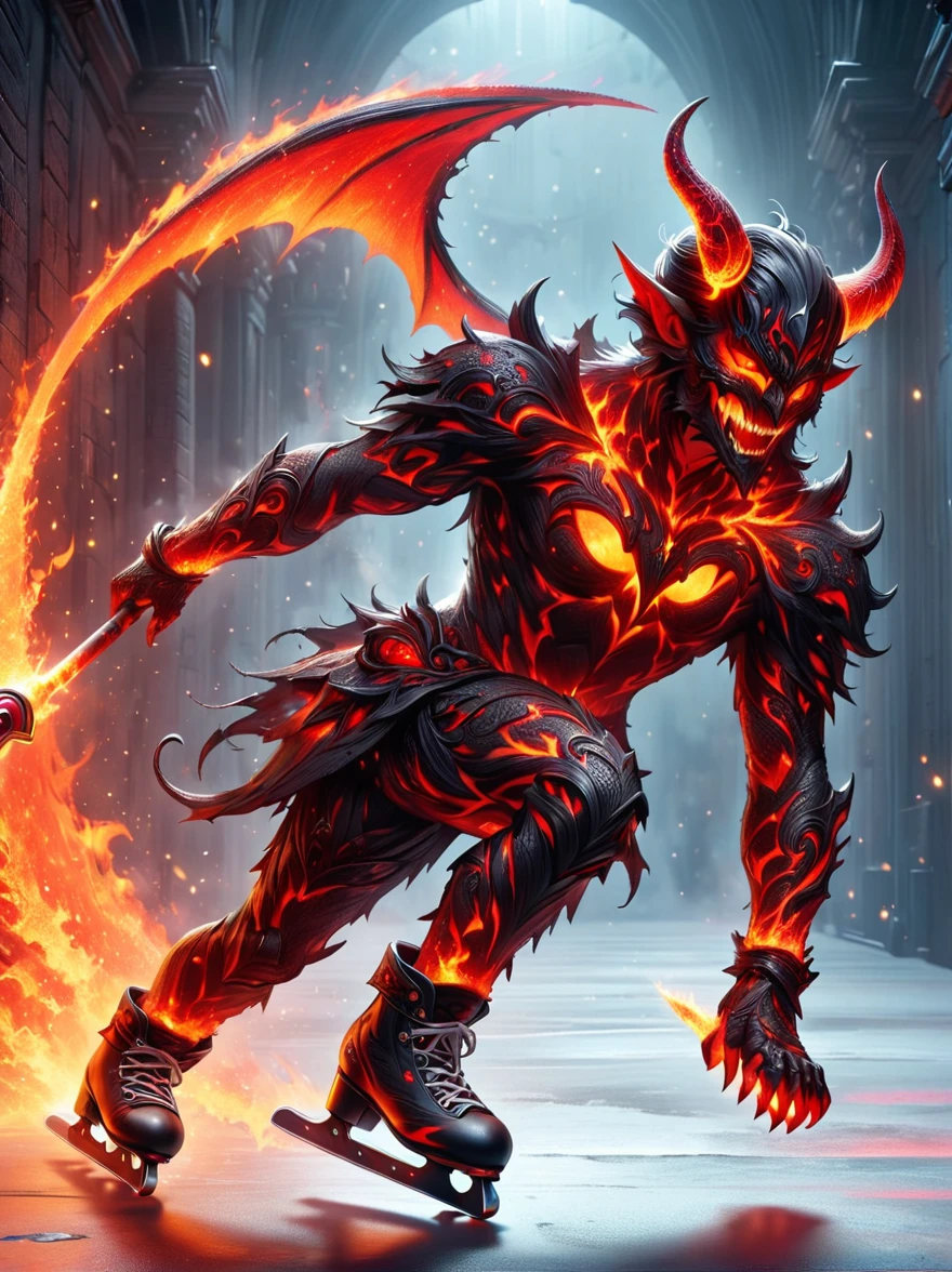 (1 demon whose body is made of lava:1.5)，The lava demon figure skates skillfully on skates，The fiery red eyes sparkle with mischief，Casts eerie shadows in dimly lit environments，The demon has ferocious horns and crimson lava-covered skin.，Showing unexpected grace while skating，Swirling tendrils of smoke leave behind them，Adding an element of speed and movement to this surreal scene，The atmosphere contrasts the dark presence of the demons with the playful roller skating scenes in an imaginative way