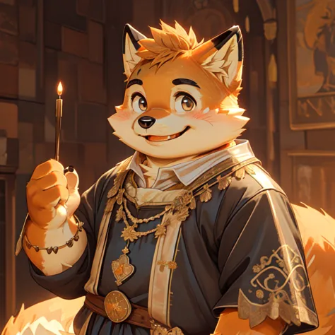 new jersey 5 furry，fox，personal portrait,exquisite，chubby，orange plush fur，cute face，black eyebrows，child，medieval royal palace，...