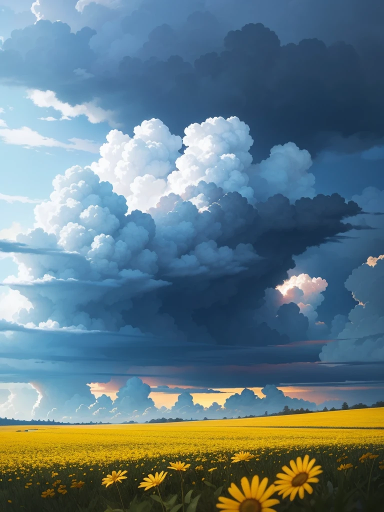 A wild flower field with thunderheads forming on the horizon during a sunny afternoon. Some lightning.