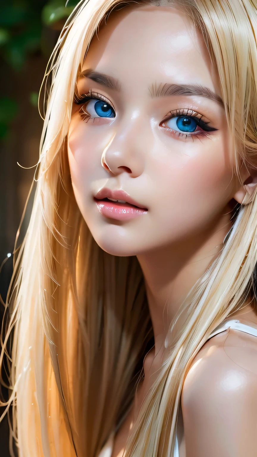 RAW Photos、(((Extreme beauty portrait)))、((Glowing White Skin))、1 girl、Beautiful girl from Prague、Cute 17 year old blonde girl、((Shiny, bright, natural platinum blonde super long hair))、[Vivid bright blue eyes]、Very big eyes、Silky fine hair、Very long straight super long hair、eyeliner、bangs over eyes、bangs on the face、Blonde between the eyes、Fluttering blonde hair、((masterpiece、最high quality、Very detailed、Film Light、Intricate details、High resolution、8K、Very detailed))、Detailed Background、8K uhd、Digital SLR、Soft Light、high quality、Film Grain、Fujifilm XT3 、Shallow depth of field、Natural light、（Perfect hands）、Perfect beautiful face、、Small Face Beauty、Round face