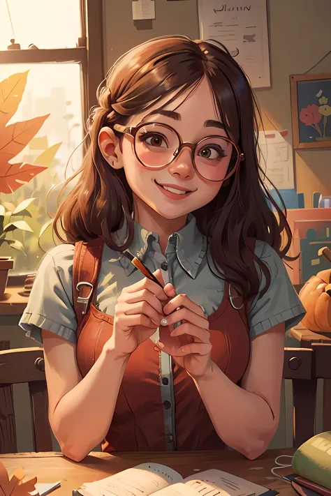 ((best quality)), ((masterpiece)), (detailed), perfect face, beautiful girl charming smiles wearing glasses, autumn scenery, aft...