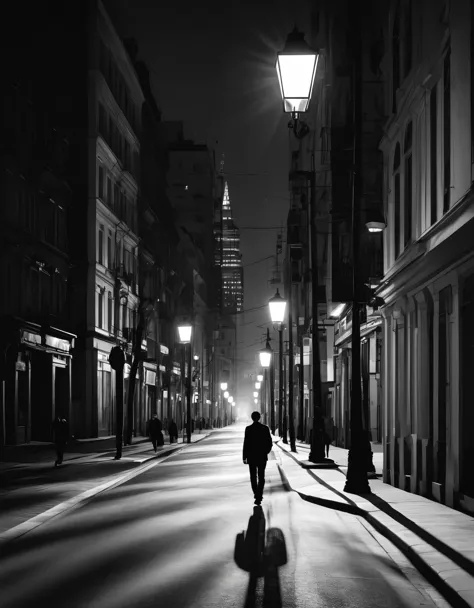 A solitary pedestrian traversing the black and white city streets, with buildings around casting deep shadows under the lampligh...