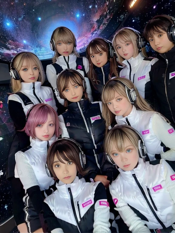 （Seven girls and one boy），（7 girls in a row）,（Brunette color hair, Black-eyed ，Blonde ，White haired red eyed ，Purple hair and heterochromatic pupils ，Pink Hair, Green Eyes, change）,(astrovest):3,headphones,Smart,futuristic space Classroom Background,BREAK inside spaceship room