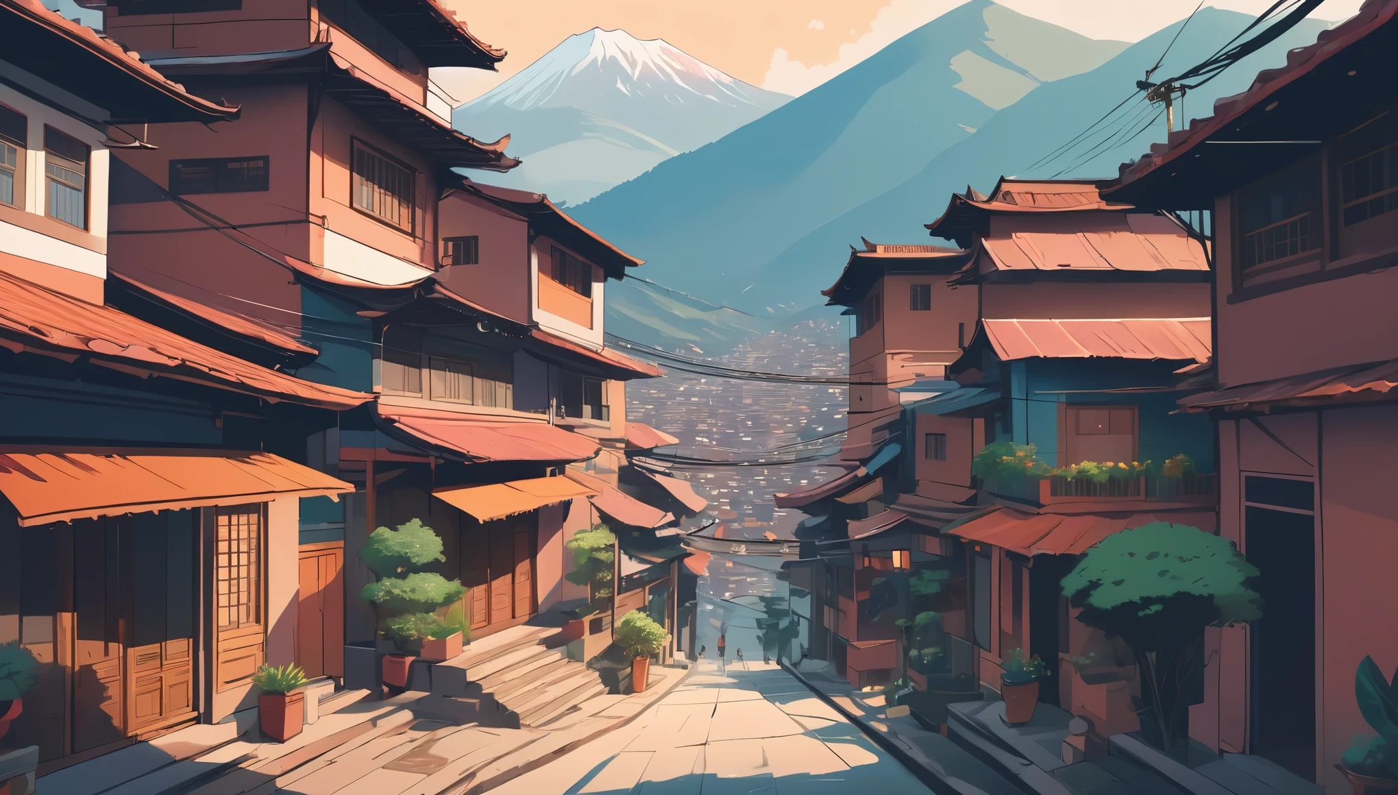 street of Kathmandu and mountains, high angle lens, photograph from the top, cozy atmosphere, lofi anime, lofi illustration, an aesthetic vibe, lofi style, vector art, flat design, simple shapes, warm tones, cozy vibes, chill, in the style of anime, a digital drawing, vector art, a vector logo for a tshirt print, (adorable:1.5), (tiny:1.4), (playful:1.2), (soft:1.3), (whimsical:1.1), masterpiece, best quality, 8k, intricate details, magnificent, celestial, ethereal, painterly, epic, majestic, magical, fantasy art, cover art, dreamy, evening time
