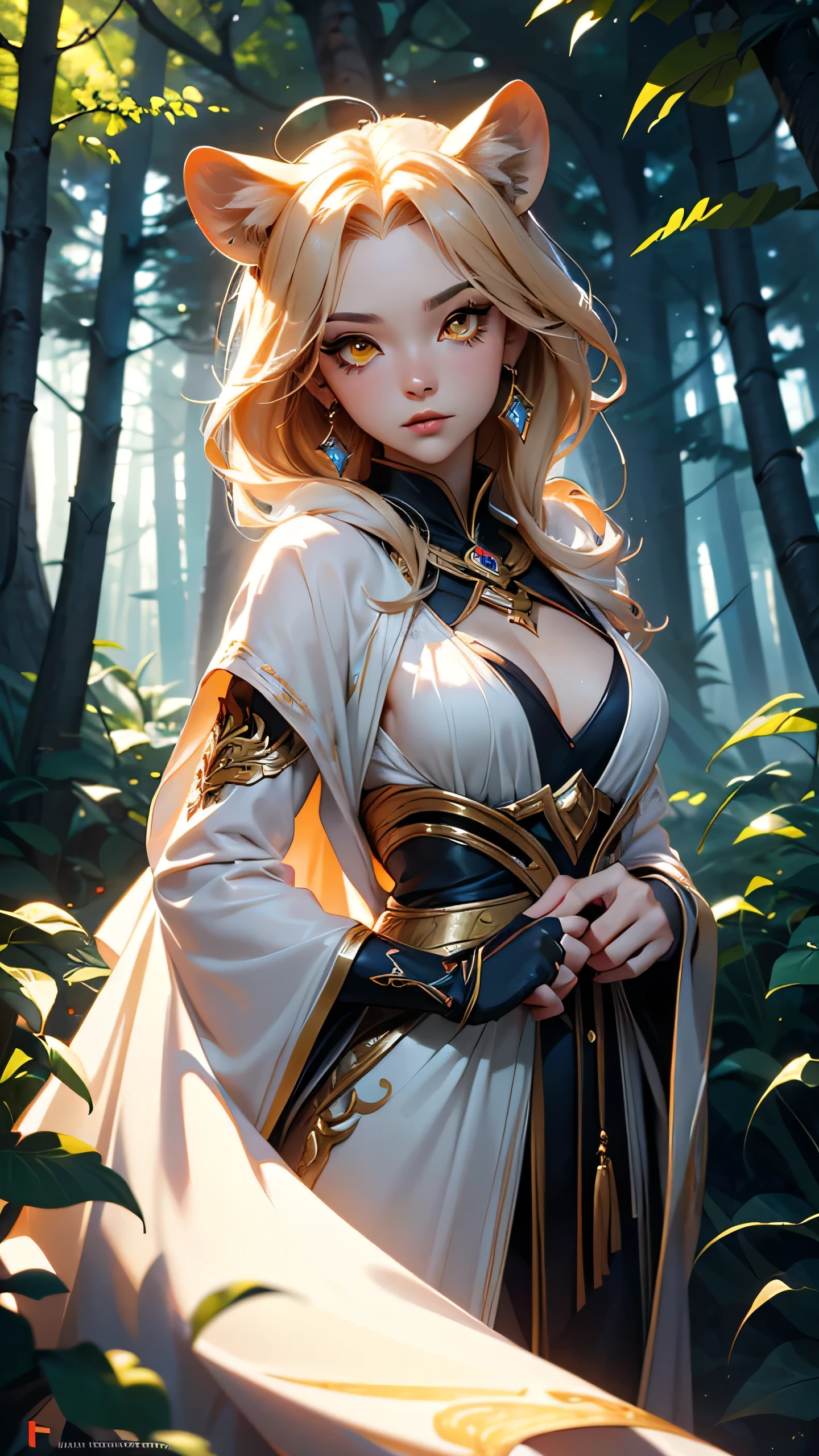 Lioness sorceress with a beatiful face  golden yellow eyes red eye shadows and lips, her body and arms covered with mystical tatoos, dressed in sexy long sexy robe with fur, cast a spell in the middle of the night summer forest,  (ultra high quality fantasy art. dafk fantasy style, masterpiece, ultra highquality character design, 8k quality anime art, top quality wallpaper illustration, detailed ultra high quality acurate face, highquality design and acurate physic