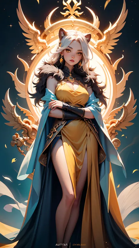 Lioness sorceress with a beatiful face  golden yellow eyes red eye shadows and lips, her body and arms covered with mystical tat...