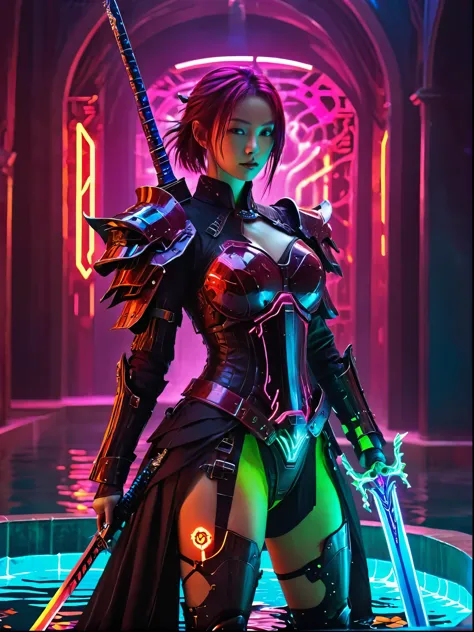 cyberpunk helllady warrior in neon mecha armor，female swordsman holding a sword in a pool of blood，solo，1sword，luminescence&#39;...