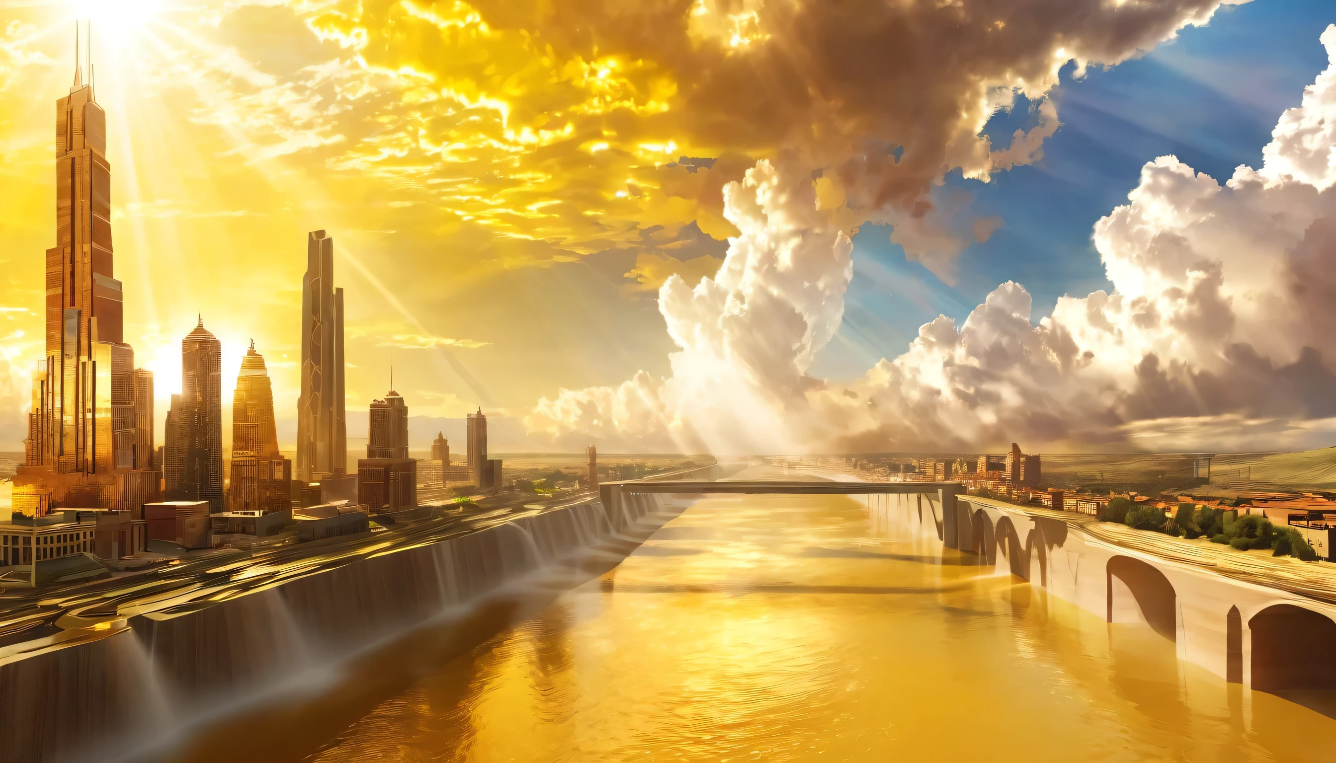 Arte digital surreal de uma misteriosa paisagem urbana tecnológica subindo para o céu, As nuvens se dispersaram，O Sol Brilhante, Dia de Jesus，sol dourado，O Rio Amarelo corre no chão，obra de arte