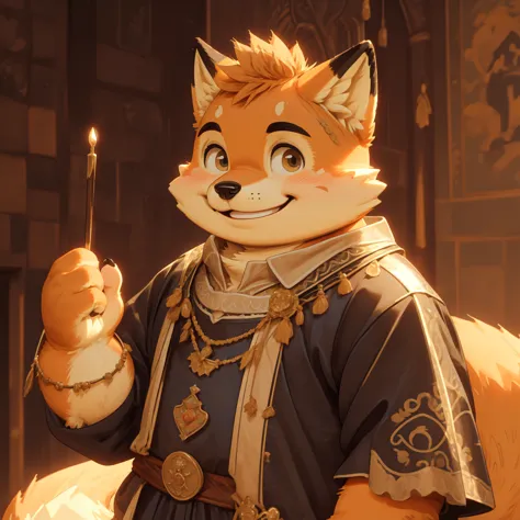 new jersey 5 furry，fox，personal portrait,exquisite，chubby，orange plush fur，cute face，black eyebrows，child，medieval royal palace，...