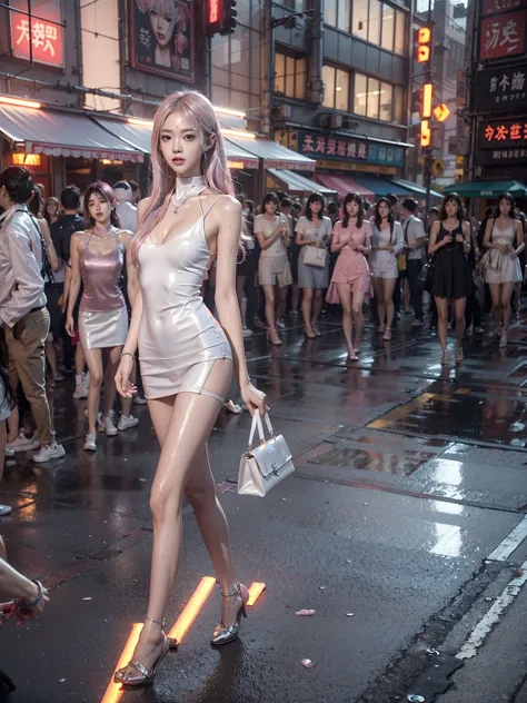 highest quality、Surreal、Perfect Anatomy、Crowded busy street、Surrounded by spectators、Crowd、Wet and shiny white skin、Sweat drippi...