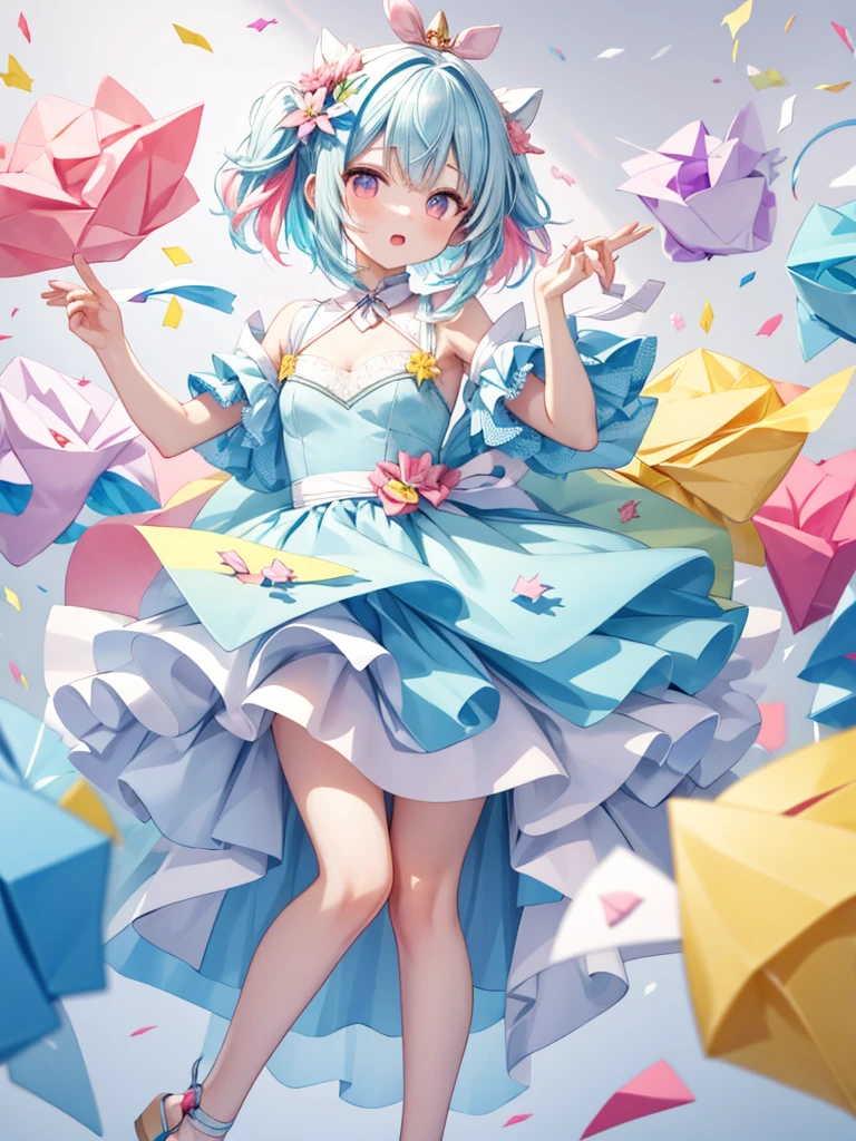 (masterpiece,ultra-detailed,best quality,8K,illustration,shaved:1.2),(petite girl:1.0) dr3ss, (pastel yellow blue pink), (multicolored dress), (origami),confetti,Paper cranes,orizuru,Fractal Art、