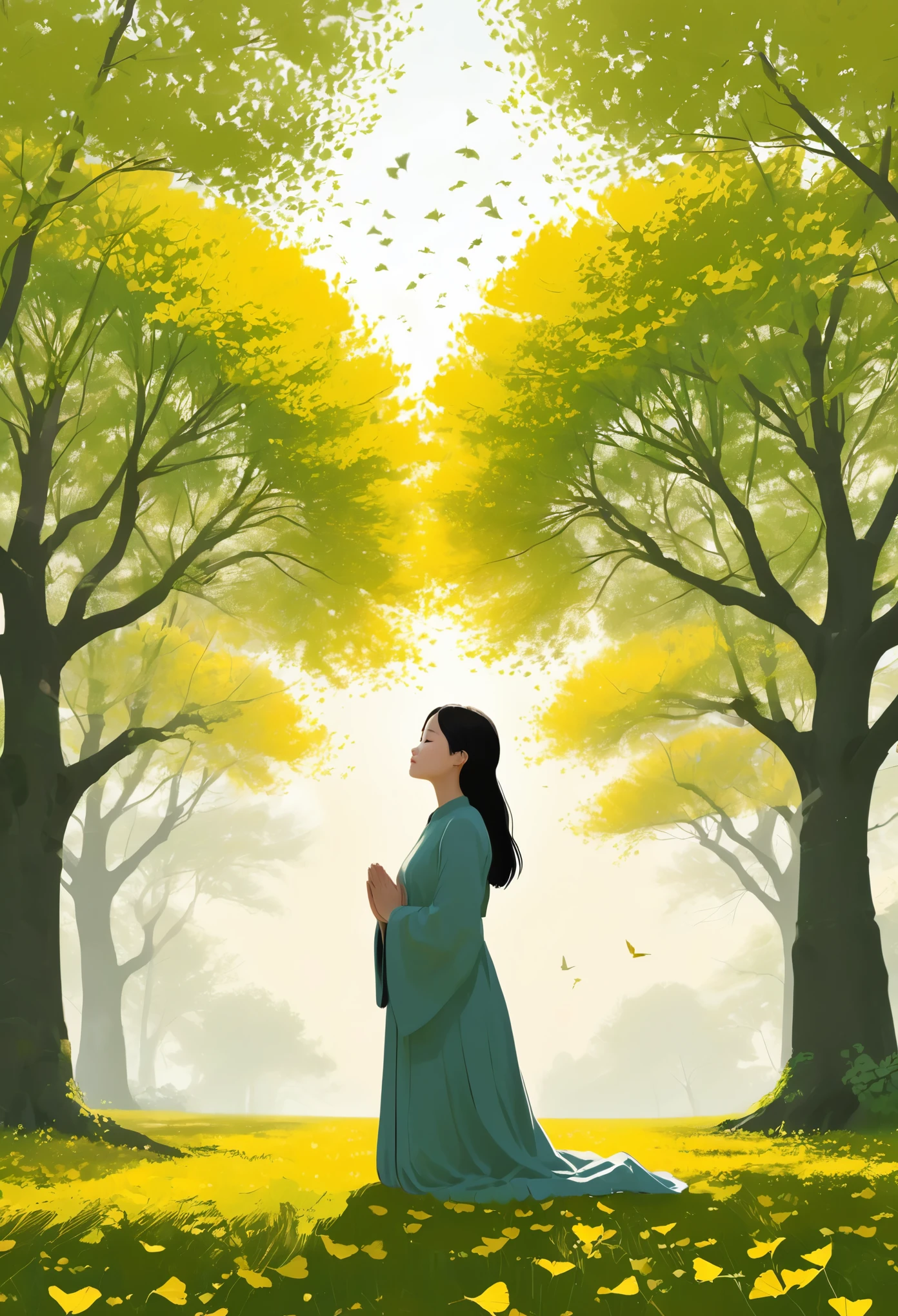 Minimalist Journey,The girl places her hands together in front of her chest, her head slightly tilted, as if engaging in a prayer, exuding devotion and tranquility, under the ginkgo tree, dutch angle,Minimalism, illustration.