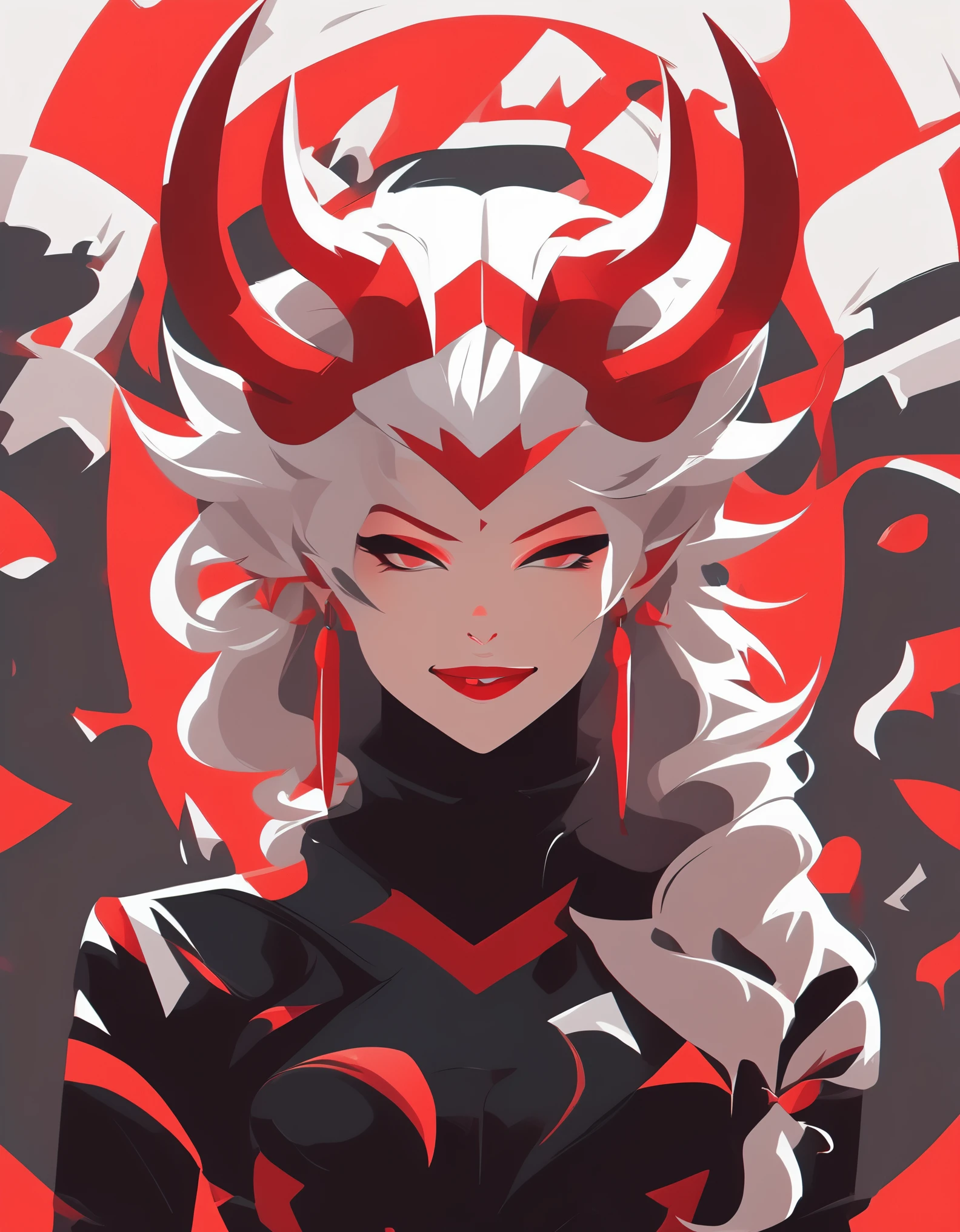 flat illustration style of a playful cool hell lady, ,wearing cool evil suit and leggings, horns，wearing earrings,smile, sharp teeth，white skin, red/black/white background , niji ，minimalist Journey