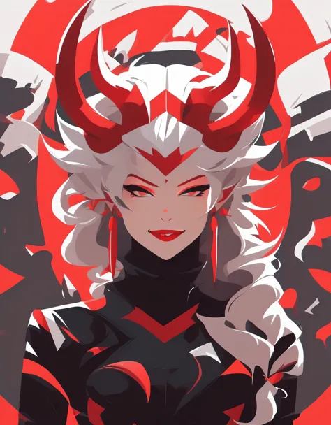 flat illustration style of a playful cool hell lady, ,wearing cool evil suit and leggings, horns，wearing earrings,smile, sharp t...