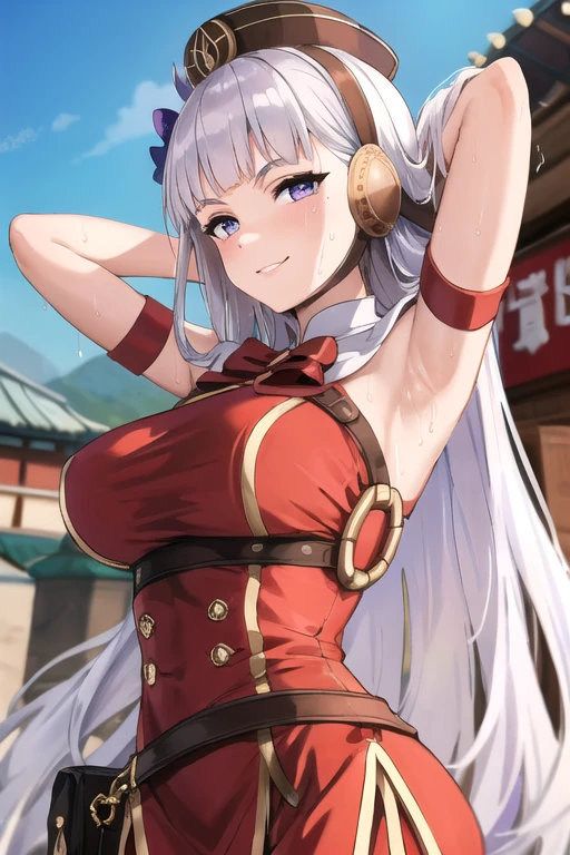 ((best quality)),((highly detailed)),masterpiece,absurdres,detailed face,beautiful face,(detailed eyes, deep eyes),1girl,((dynamic pose)), gold ship, white hair, solo, bow, large breasts, cowboy shot, chinese town, outdoors, seductive smile, looking at viewer, wearing red chinese dress, put your hands behind your head, armpits, armpits visible, sweaty armpits