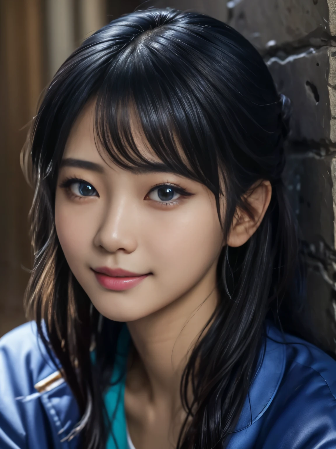 masterpiece,highest quality,Highest Resolution:1.2,Hyperrealistic:1.5,16k raw photos:1.5、Asian woman in a blue jacket leaning against a wall,Face close-up,Side light、Silky, fine hair,Big eyes,Clear amber eyes,Moist eyes、Eye highlights、A curious look、Shiny fair skin、Smile sexily、Focus on the eyes、