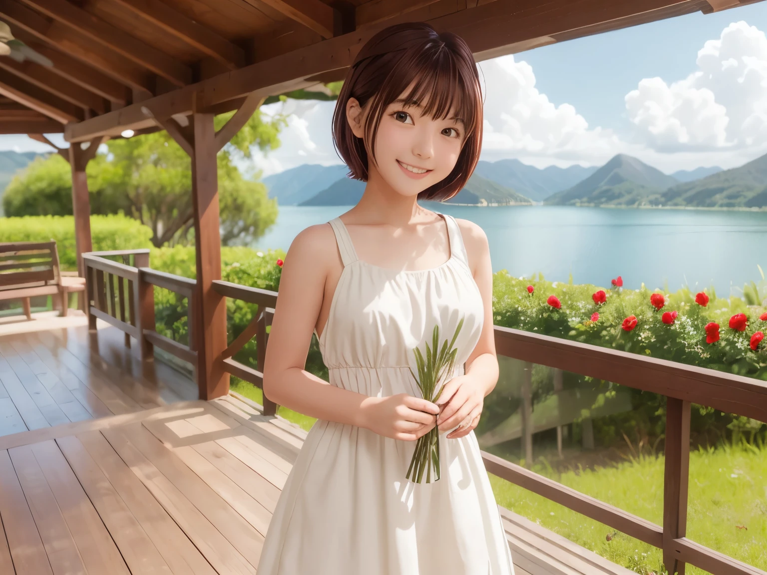 One girl, early summer, 前hair, Beach, green_null, red面, chest, Brown_hair, Closed_mouth, cloud, cloudy_null, clavicle, Day, dress, Field, flower, flower_Field, horizon, lake, leaf, Looking_in_Audience, Mountain, Mountainous_horizon, Ocean, Outdoor, palm_wood, flowerびら, plant, red_flower, short_hair, skirt_all, null, smile, 一人in, Are standing, Day没, wood, Twilight, winer, white_dress, Perfect Eyes